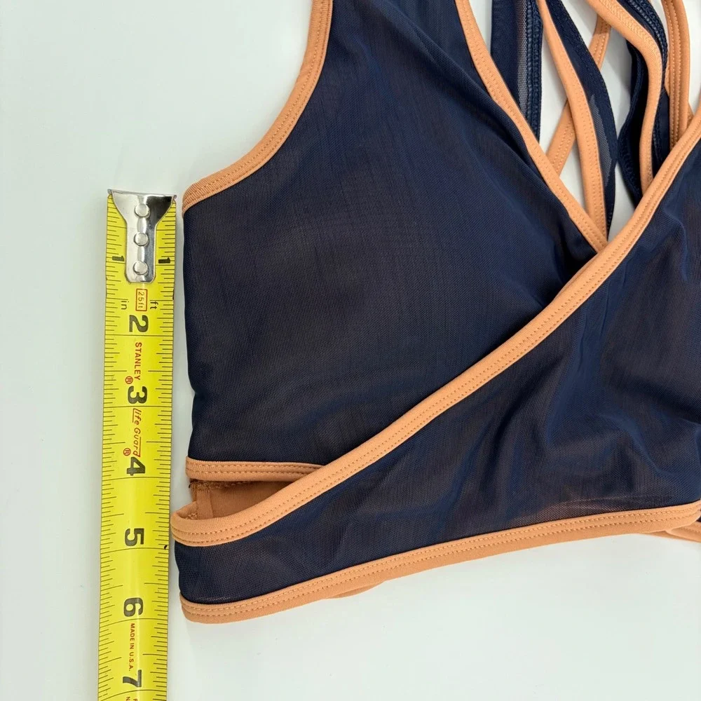 Fabletics Faye Medium Impact Sports Bra II Navy Blue Tan Mesh Strappy Large NEW - Picture 6 of 7